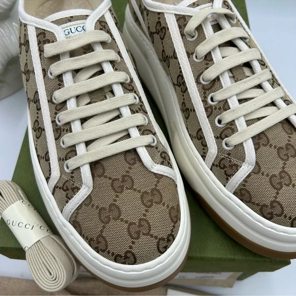 Gucci Brown, Gigi monogram canvas platform sneakers size 10.5 made in Italy - Picture 3 of 10